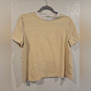 COS Striped Yellow White 100% Cotton Crew Neck Short Sleeve Women's Size L